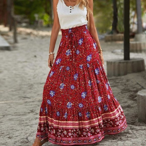 Red boho Floral Print Ruffle Hem Skirt - Picture 1 of 5